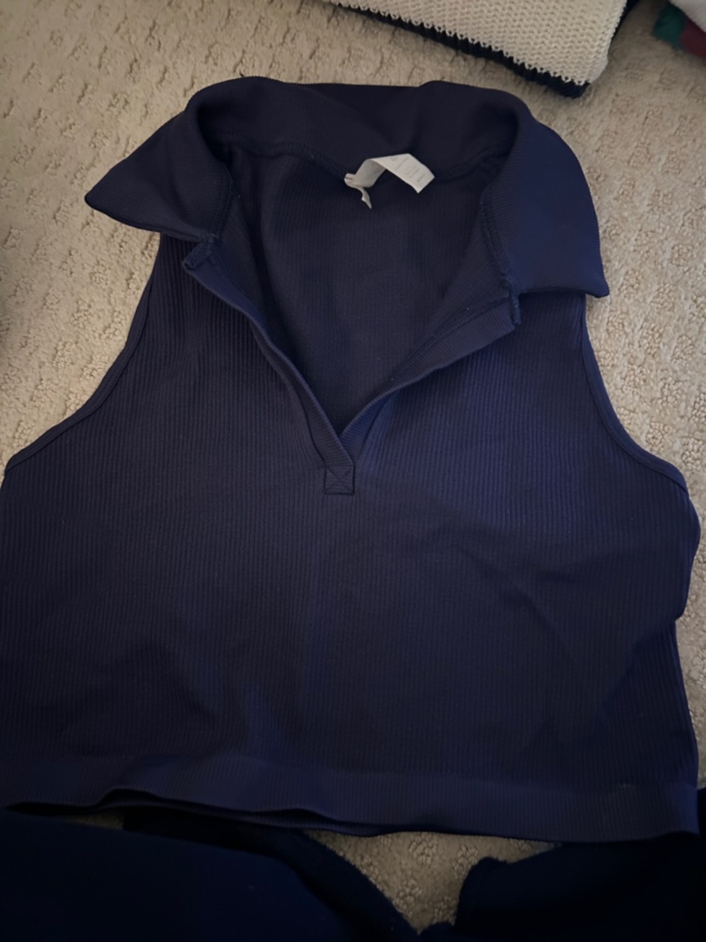 Navy Ribbed Collared Crop Top - Unbranded